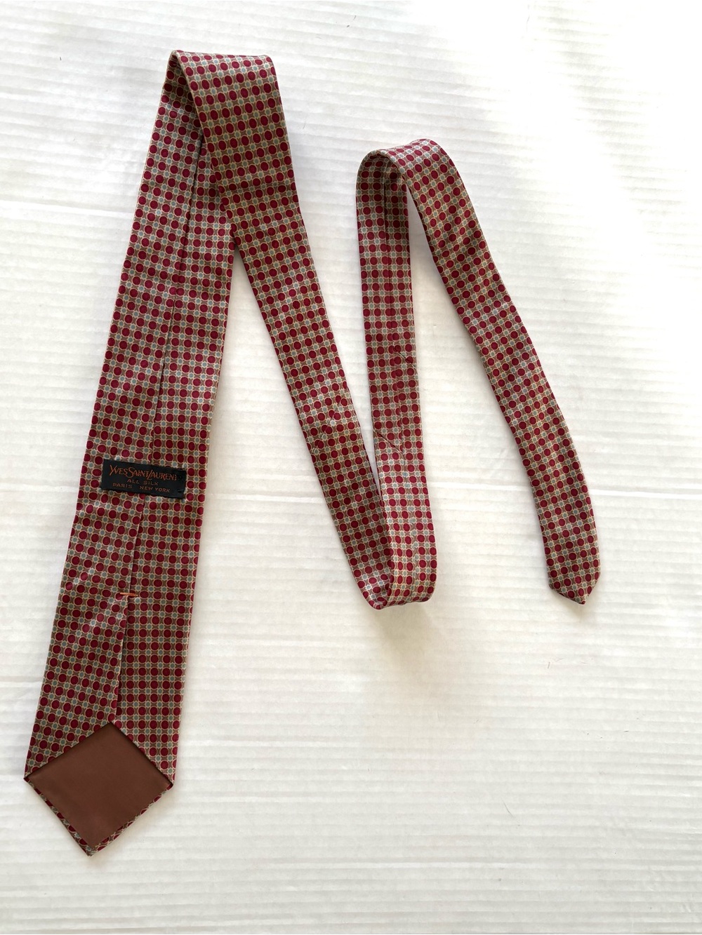 Yves Saint Laurent Vintage Burgundy and Beige Geometric 100% Silk Tie